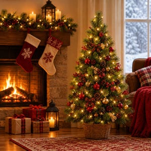 Puede incluir: Un árbol de Navidad decorado en una cesta de mimbre, iluminado con luces cálidas, adornos rojos y dorados, piñas y lazos de cuadros, junto a una chimenea con calcetines navideños, velas y regalos envueltos.