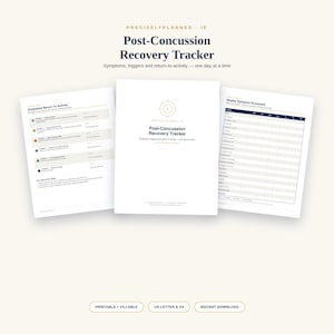 May include: A Post-Concussion Recovery Tracker document set featuring a cover page with a target icon, a Graduated Return To Activity page with six stages, and a Weekly Symptom Scorecard. The text includes PreciselyPlanned IE and recovery details.