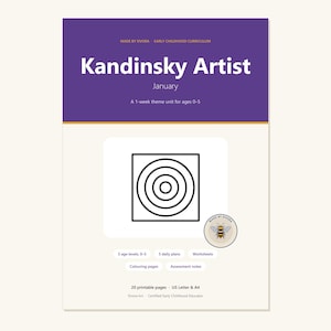 May include: A digital curriculum document titled Kandinsky Artist January, a 1-week theme unit for ages 0-5. It features a black line drawing of concentric circles in a square, a bee logo, and text listing 5 age levels, 5 daily plans, worksheets, colouring pages, assessment notes, 20 printable pages, and US Letter & A4 sizes.