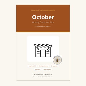 Puede incluir: Un paquete de plan de estudios digital titulado October Monthly Curriculum Pack de Dvora, con 4 semanas temáticas para edades de 0 a 5 años. El documento incluye 72 páginas imprimibles en tamaño A4 con hojas de trabajo y páginas para colorear.