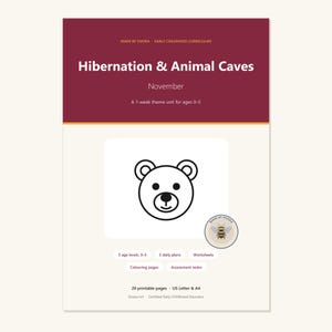 Op de afbeelding: Een printbaar educatief document getiteld Hibernation & Animal Caves voor november, met een berengezicht-icoon, een bijenlogo en tekst over een thema-eenheid van 1 week voor 0-5 jarigen, inclusief 20 printbare A4-pagina's.
