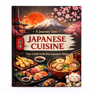 May include: A hardback book titled A Journey into Japanese Cuisine: Your Guide to the Best Japanese Dishes. The cover features a mountain, cherry blossoms, a pagoda, sushi, tempura, ramen, and a beckoning cat figurine on a dark background.