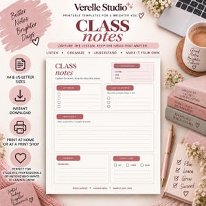 Könnte beinhalten: Eine druckbare Vorlage für Unterrichtsnotizen von Verelle Studio mit Abschnitten für Kursdetails, Schlüsselbegriffe, Fragen, Hauptnotizen, eine Zusammenfassung und Kontrollkästchen. Das Design verwendet eine zartrosa und weiße Farbpalette.