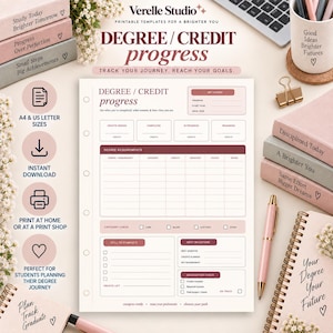 May include: A printable degree and credit progress tracker template featuring a clean layout with sections for programme details, credit requirements, course lists, and graduation milestones. The document uses a soft colour palette with dark red text.