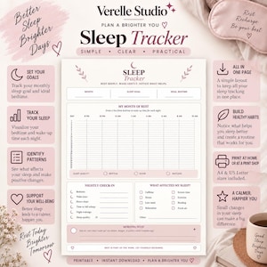 May include: A printable sleep tracker planner page by Verelle Studio with a soft pink and white colour scheme. The document includes sections for monthly goals, a nightly sleep chart, a nightly check-in, and a morning note for daily reflections.