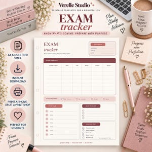 Peut inclure: Un modèle de suivi d'examen imprimable présentant une mise en page structurée avec des sections pour les détails des cours, la progression des études, un plan d'étude et la préparation au jour de l'examen, en tons rose pâle et rouge foncé.