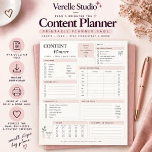 Puede incluir: Una página de planificador de contenido imprimible con secciones para plataformas, ideas de contenido, planes semanales, objetivos y rastreadores. El documento incluye texto como Content Planner, Connect, Serve, Build, Grow y casillas de verificación.