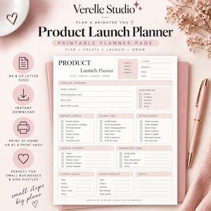 Puede incluir: Una página imprimible de planificador de lanzamiento de productos de Verelle Studio con secciones para descripción general del producto, tareas del día de lanzamiento y planes de promoción. Incluye casillas de verificación y líneas para notas.