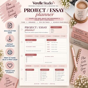 エッセイプランナー（印刷可能）｜研究プロジェクト＆課題計画ワークシート｜学生用A4サイズPDF