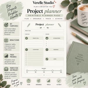 Può includere: Una pagina di pianificazione progetti stampabile bianca con sezioni per nome del progetto, date, obiettivi, traguardi, passaggi, risorse, note e una barra di avanzamento, caratterizzata da accenti e icone color verde salvia.
