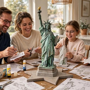 May include: A paper craft kit featuring a model of the Statue of Liberty, including printed instruction sheets, glue sticks, scissors, and a partially assembled paper sculpture of the monument with a star-shaped base on a wooden table.