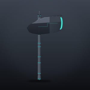 May include: A dark gray futuristic hammer featuring a long cylindrical handle with horizontal cyan light accents. The heavy head of the hammer has a curved shape with a glowing cyan light strip on the back edge and geometric line details.