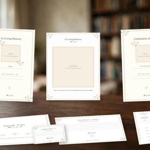 May include: A collection of white memorial stationery templates featuring floral accents and black text. The set includes cards labelled In Loving Memory and Celebration of Life, with designated photo spaces, lines for names, dates, and personal messages.