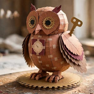 以下が含まれることがあります： 茶色のクラフト紙で作られたフクロウのフィギュア。重ねられた羽の翼、歯車型の目、胸の時計の文字盤、背中から突き出たゼンマイの鍵が特徴です。フクロウは茶色の厚紙で作られた円形の歯車型の台座の上に立っています。