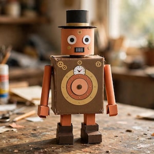 以下が含まれることがあります： 段ボールと紙で作られた手作りのロボットフィギュア。黒いシルクハットをかぶった円筒形の頭部、時計の文字盤が描かれた四角い胴体、筒状の腕が特徴です。全体的に茶色とオレンジの色合いで構成されています。