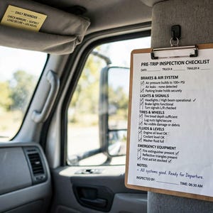 Puede incluir: Un portapapeles de madera con una lista de verificación de inspección previa al viaje en papel blanco con texto negro y marcas de verificación, colgado de un gancho negro en la cabina de un vehículo. Una nota amarilla está en el parasol.