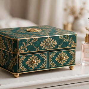 May include: A rectangular jewellery box in deep forest green with a gold damask pattern. The box features a hinged lid with a gold circular emblem, two front drawers with small gold knobs, and four rounded gold feet at the base of the unit.