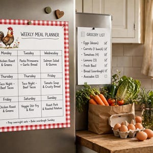 May include: A rectangular weekly meal planner magnetic sheet with a red and white gingham border, featuring a rooster illustration at the top and a grid for daily meal entries. The text reads Weekly Meal Planner with various meal plans listed.
