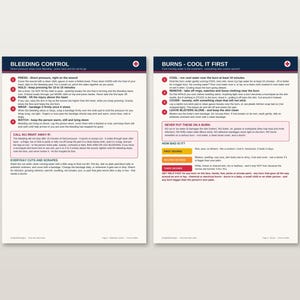 May include: Two white informational posters with dark blue headers. The left poster is titled BLEEDING CONTROL and lists five numbered steps. The right poster is titled BURNS - COOL IT FIRST and includes a color-coded chart for burn severity.