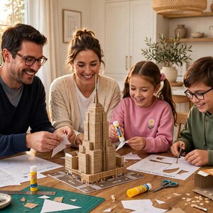 May include: A cardboard model of the Empire State Building sits on a wooden table, surrounded by printed paper templates, glue sticks, scissors, and a metal ruler. The structure features a multi-tiered design with detailed window patterns.