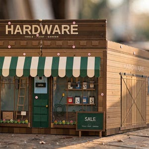 Peut inclure: Une maquette miniature de quincaillerie avec des murs en bois brun, un auvent rayé vert et blanc et une porte verte. L'enseigne indique HARDWARE TOOLS PAINT GARDEN. Un petit panneau vert devant indique SALE TOOLS PAINT GARDEN.