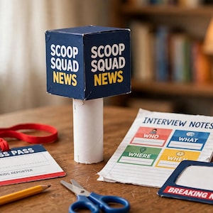 May include: A blue cube microphone flag with the text SCOOP SQUAD NEWS, a white press pass with a red lanyard, a yellow pencil, blue scissors, a paper with INTERVIEW NOTES, and a blue frame with the text BREAKING NEWS.