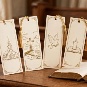 May include: Four rectangular off-white bookmarks with gold-colored tassels. Each features a gold-toned line drawing: a church, a cross on a hill at sunrise, a flying dove, and a lit candle resting on an open book. Each has a decorative border.