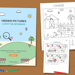 May include: A Hidden Pictures & Spot the Difference activity book cover with a light blue sky and green hill illustration, alongside two black and white activity pages featuring farm and garden scenes with various hidden objects.