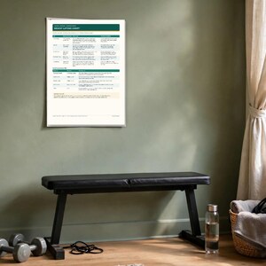 May include: A rectangular wall poster titled Weight Lifting Chart featuring a dark green header, organized columns of text, and rows detailing exercise instructions, mounted on a wall above a black exercise bench in a room.