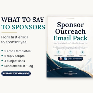Op de afbeelding: Een digitaal document getiteld Sponsor Outreach Email Pack met 9 e-mailsjablonen, 6 antwoordscripts en 4 onderwerpregels. De tekst bevat What to Say to Sponsors, From first email to sponsor yes, en vermeldt PDF- en bewerkbare Word-bestandsformaten.