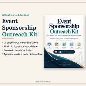 May include: An Event Sponsorship Outreach Kit digital document featuring 21 pages in PDF and editable Word formats. The cover displays the title, a seven-day route, sponsor levels, and a commitment form, with icons for tracking and pitch templates.