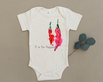 P is For Pepper, Veggies, Garden, Vegetable Baby, Boy, Girl, Infant, Toddler, Newborn, Organic, Fair Trade, Bodysuit, Outfit, One Piece