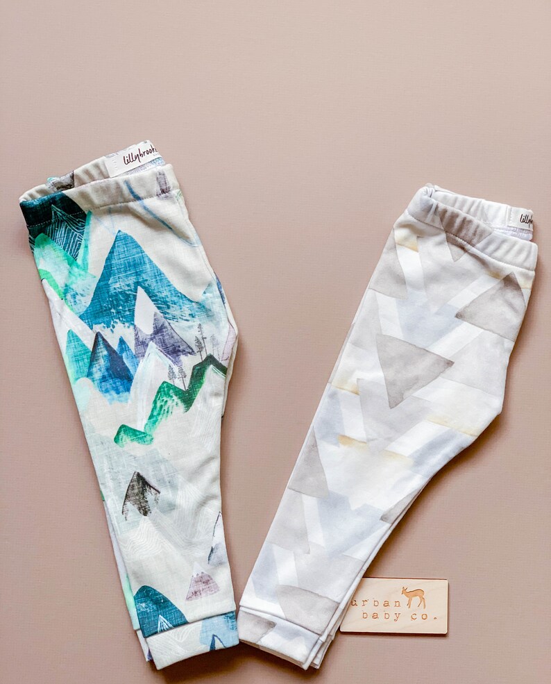 Organic Mountains Pants Handmade Girl Unisex Set of 2 Baby Leggings Rustic Neutral Watercolor Triangles Woodland Ecofriendly Boy