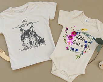 Big Brother Wolf, Little Sister Floral, Matching Shirts, Organic, Toddler, Newborn, Baby, Boys, Pregnancy Announcement, Siblings, Expecting