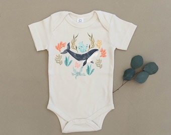 Watercolor Blue Whale, Ocean, Sea, Nautical, Girl, Boy, Infant, Toddler, Newborn, Organic, Ecofriendly, Bodysuit, Outfit, One Piece