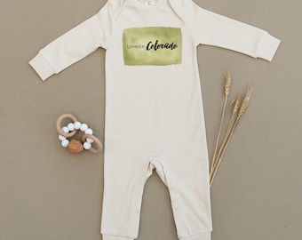 Loved in Colorado, Organic Baby Playsuit, Romper, Unisex, Boy, Girl, Bodysuit, One Piece, Outfit, Eco, Handmade, Seattle, Water-Based