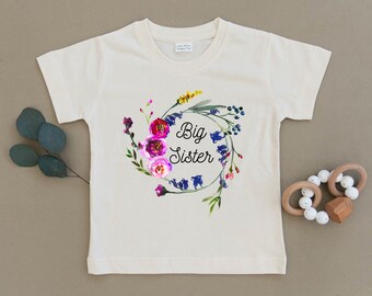 Big Sister, Floral, Wreath, Organic, Tee, T-Shirt, Top, Pregnancy Announcement, Birth Announcement, Boho, Hippie, Toddler, New Baby, Eco