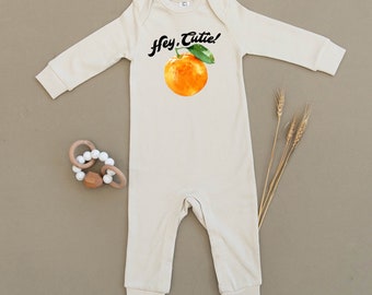 Hey Cutie Organic Baby Playsuit, Romper, Unisex, Boy, Girl, Bodysuit, One Piece, Outfit, Eco, Handmade, Clementines, Oranges, Water-Based