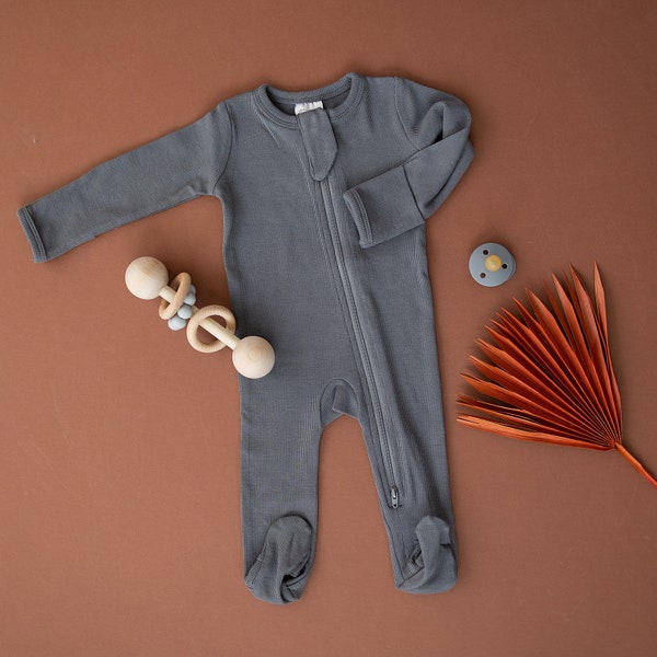 Organic Footed Zipper Baby One Piece, Romper, Pajamas, PJs, Footies, Girl, Boy, Newborn, Dark Gray, Grey, Charcoal, Sustainable, Ecofriendly