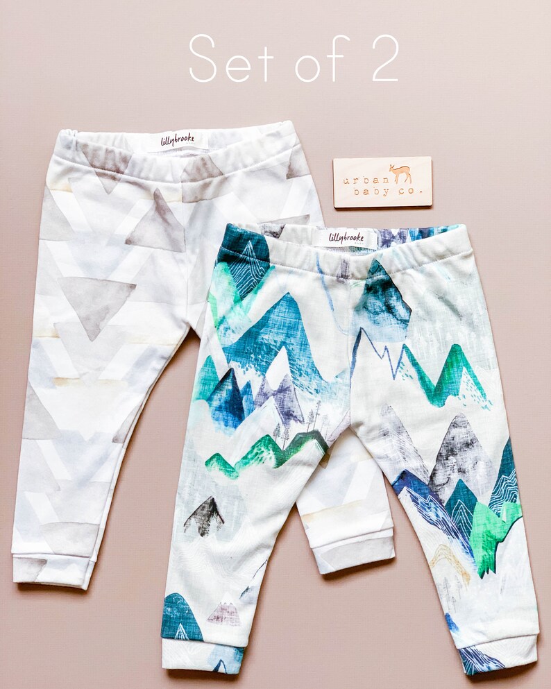 Organic Mountains Pants Handmade Girl Unisex Set of 2 Baby Leggings Rustic Neutral Watercolor Triangles Woodland Ecofriendly Boy