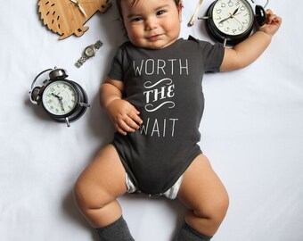 Grey Worth The Wait Baby, Girl, Infant, Toddler, Newborn, Organic, Fair Trade, Ecofriendly, Bodysuit, Outfit, One Piece, Clothes, Layette