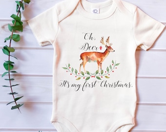 Oh Deer, It's My First Christmas, Baby, Boy, Girl, Unisex, Infant, Toddler, Newborn, Organic, Bodysuit, Outfit, One Piece, Layette, Clothes