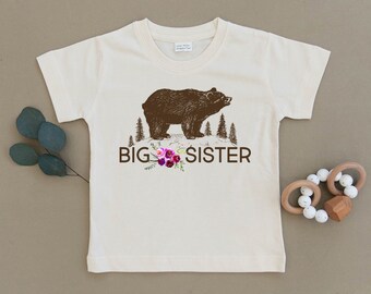 Big Sister Bear, Floral, Organic, Tee, T-Shirt, Top, Pregnancy Announcement, Birth Announcement, Boho, Hippie, Toddler, New Baby, Eco