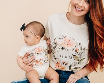 Live Wild, Floral Wreath, Boho, Hippie, Mom & Baby Matching Set, Outfit, Shirt, Tee, TShirt, Organic, Ecofriendly, One Piece, Bodysuit