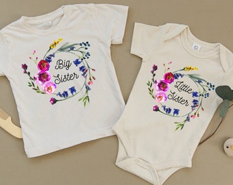 Big Sister, Little Sister, Matching Shirts, Organic, Toddler, Newborn, Baby, Girls, Floral, Hippie, Boho, Pregnancy Announcement, Siblings
