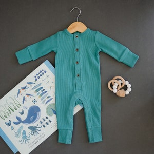 Organic Ribbed Button Baby One Piece, Romper, Pajamas, PJs, Onesie, Girl, Boy, Newborn, Teal, Natural, Gift, Sustainable, Ecofriendly