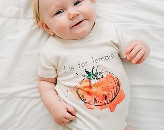 T is For Tomato, Veggies, Garden, Vegetable Baby, Boy, Girl, Infant, Toddler, Newborn, Organic, Fair Trade, Bodysuit, Outfit, One Piece