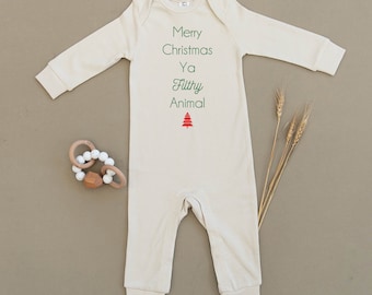 Merry Christmas Ya Filthy Animal, Holiday, Organic Cotton Baby Bodysuit, Playsuit, Baby Girl, Baby Boy, Unisex Baby, Ecofriendly, Handmade