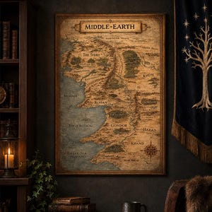 May include: A rectangular wall map of Middle-earth featuring a vintage parchment aesthetic with brown and tan tones. The map displays geographical regions including The Shire, Rohan, Gondor, and Rhûn, with a compass rose and the title Middle-earth.