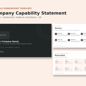 May include: An editable PowerPoint template for a company capability statement featuring 17 slides for construction, trades, and consultancy. The design includes a dark slide with placeholders for a logo, company name, and contact details, plus white slides for services and recent work.